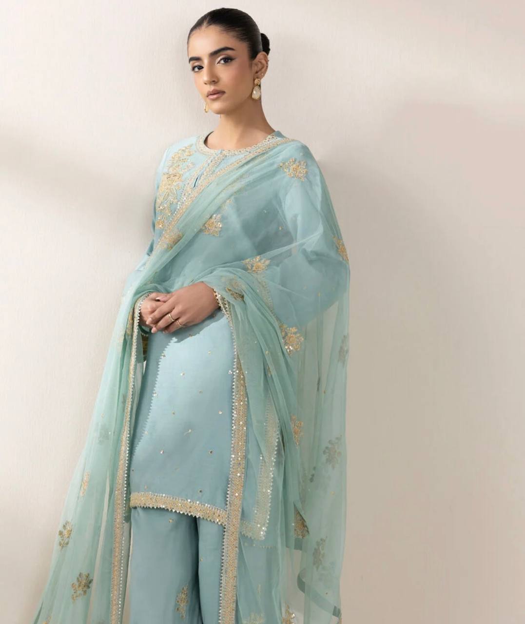 Alluring Auqa Blue Color Chinon Silk With Embroidery Sequence Work Palazzo Suit