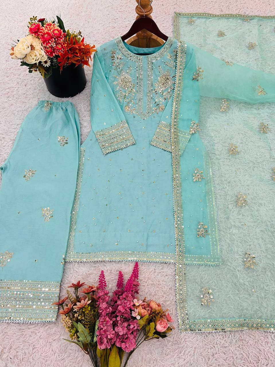 Alluring Auqa Blue Color Chinon Silk With Embroidery Sequence Work Palazzo Suit