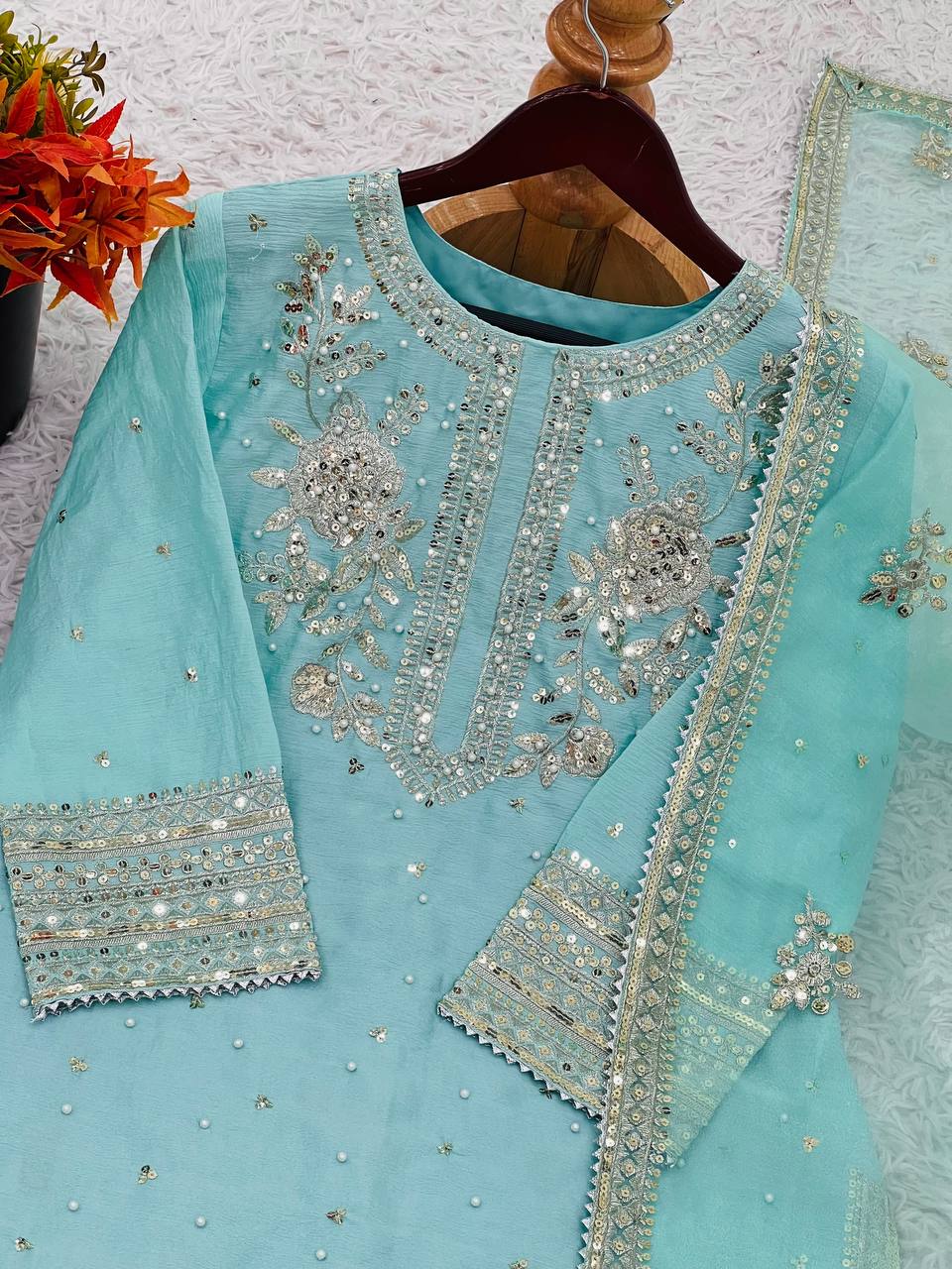 Alluring Auqa Blue Color Chinon Silk With Embroidery Sequence Work Palazzo Suit