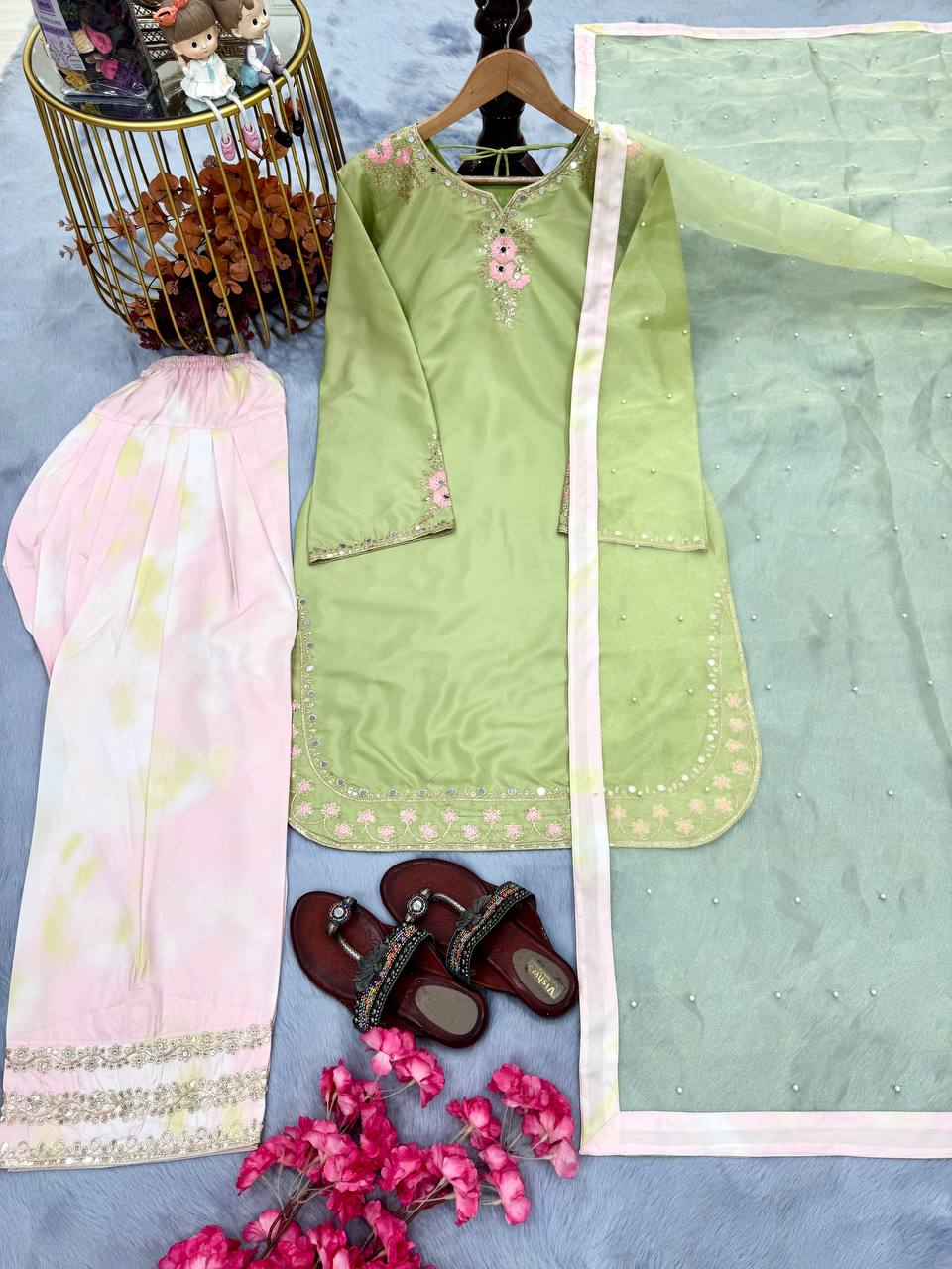 Embellished Parrot Green Color Pure Natural Crepe With Embroidery Work Palazzo Suit