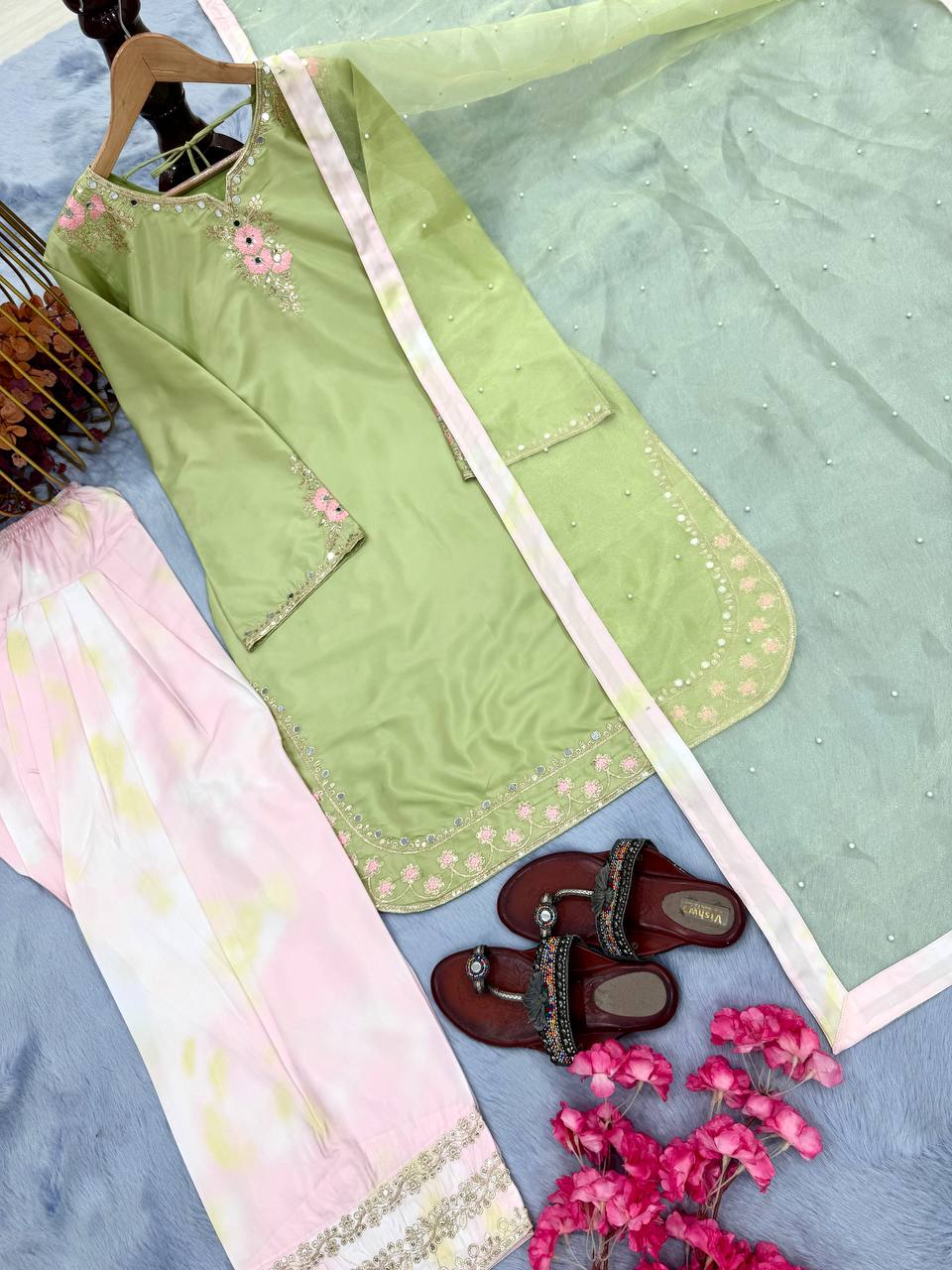 Embellished Parrot Green Color Pure Natural Crepe With Embroidery Work Palazzo Suit
