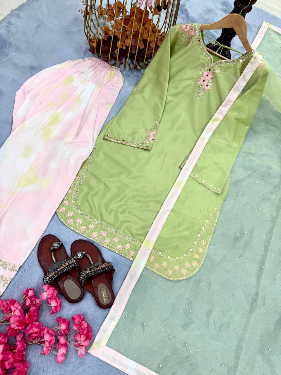 Embellished Parrot Green Color Pure Natural Crepe With Embroidery Work Palazzo Suit