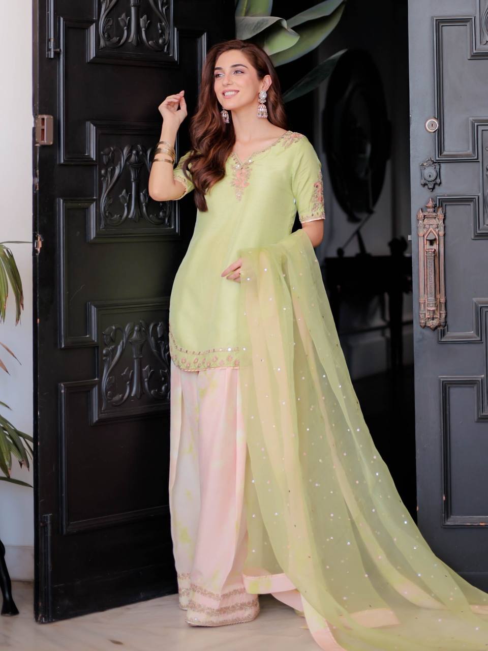 Embellished Parrot Green Color Pure Natural Crepe With Embroidery Work Palazzo Suit