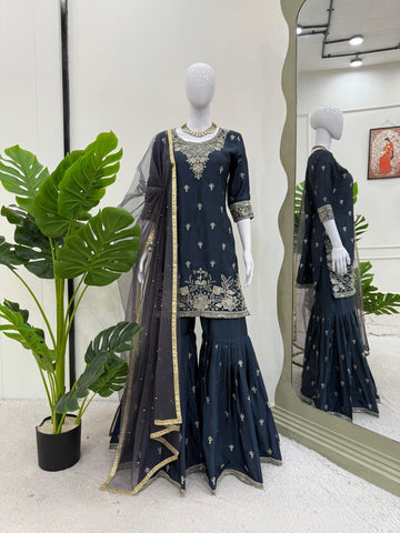 Function Wear Teal Blue Color Heavy Chinon Thread With Sequence Work Sharara Suit