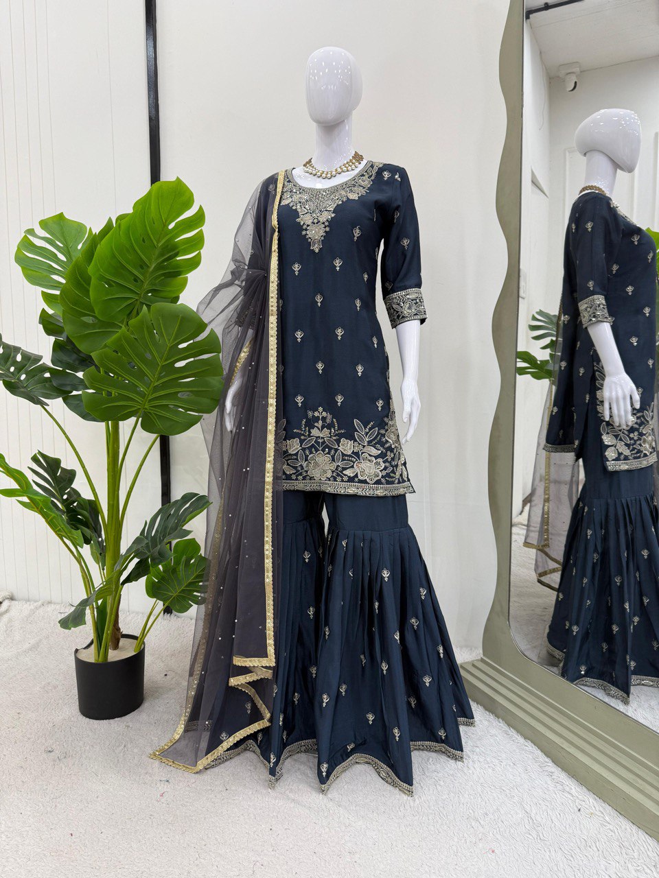 Function Wear Teal Blue Color Heavy Chinon Thread With Sequence Work Sharara Suit