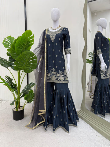 Function Wear Teal Blue Color Heavy Chinon Thread With Sequence Work Sharara Suit