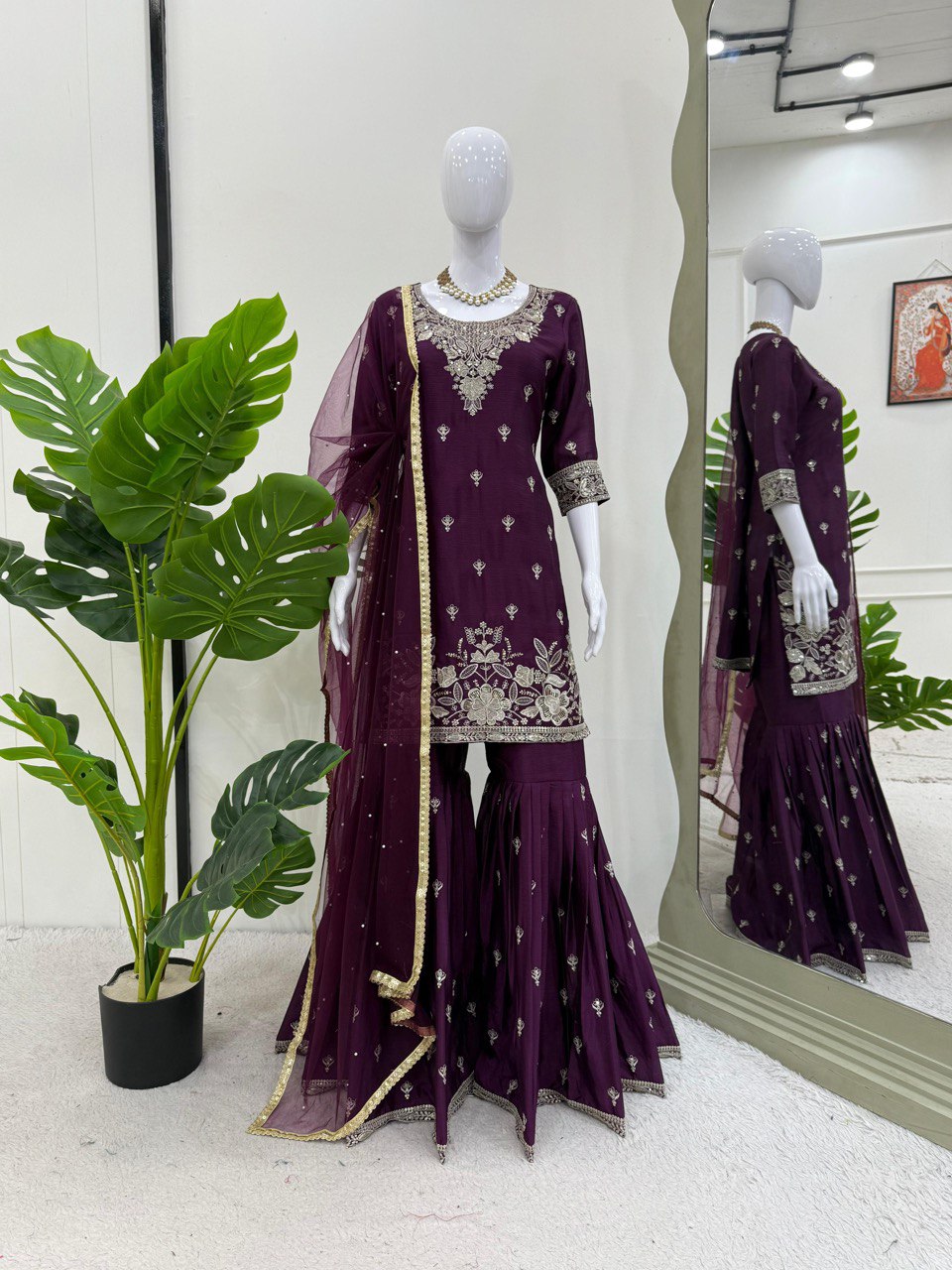 Party Wear Purple Color Heavy Chinon Thread With Sequence Work Sharara Suit