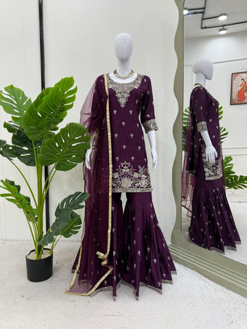 Party Wear Purple Color Heavy Chinon Thread With Sequence Work Sharara Suit