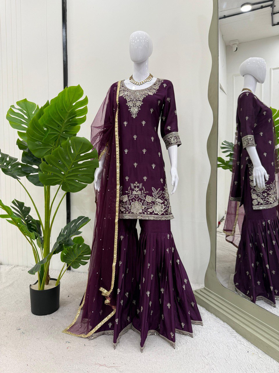 Party Wear Purple Color Heavy Chinon Thread With Sequence Work Sharara Suit