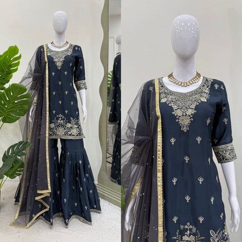 Function Wear Teal Blue Color Heavy Chinon Thread With Sequence Work Sharara Suit