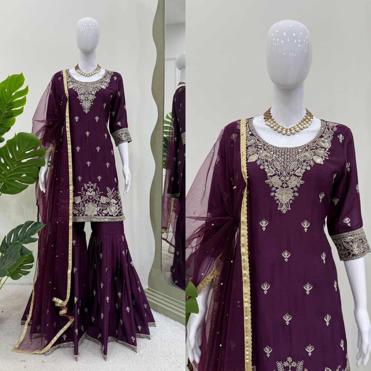 Party Wear Purple Color Heavy Chinon Thread With Sequence Work Sharara Suit