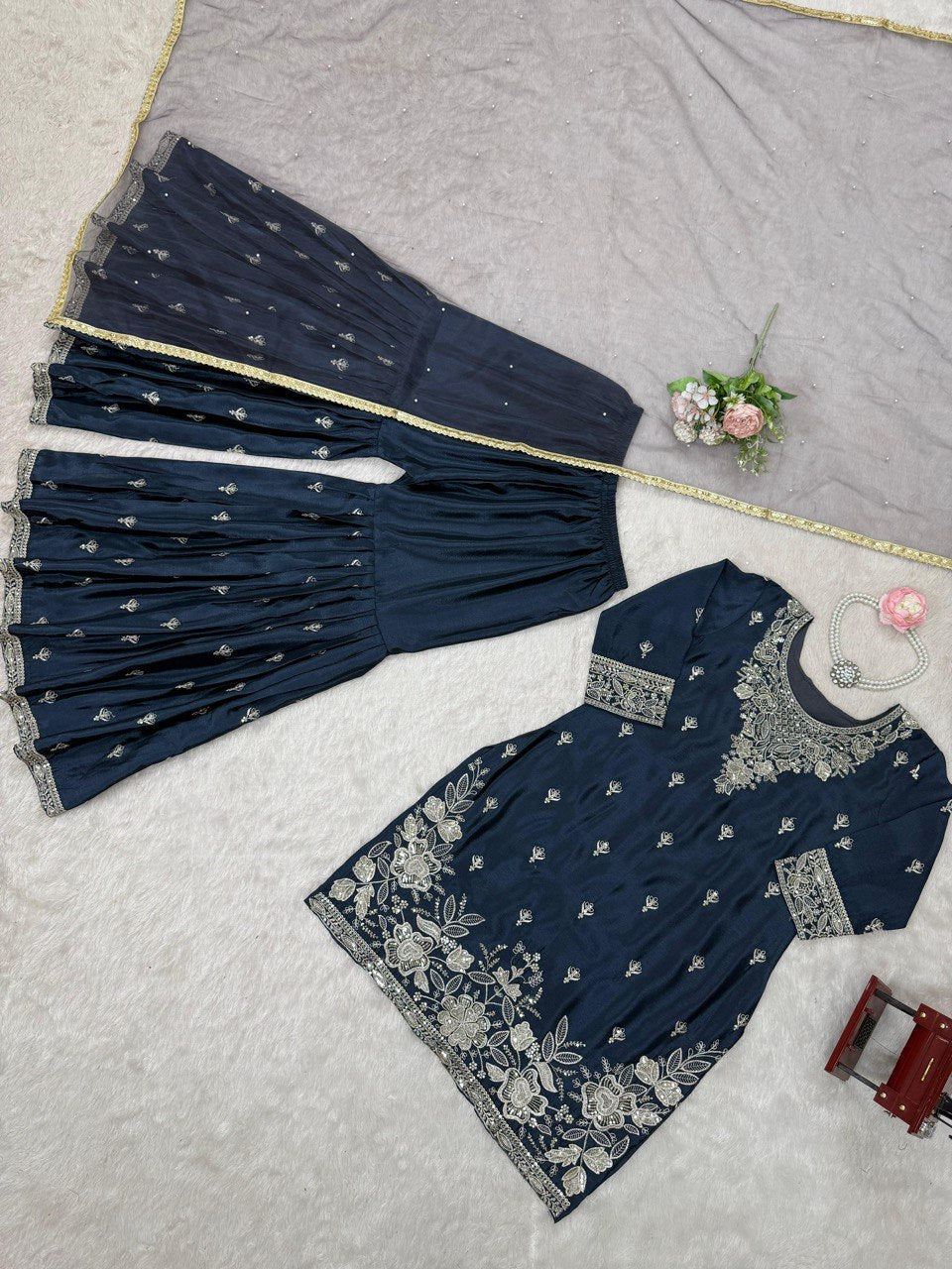 Function Wear Teal Blue Color Heavy Chinon Thread With Sequence Work Sharara Suit