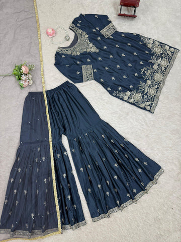 Function Wear Teal Blue Color Heavy Chinon Thread With Sequence Work Sharara Suit