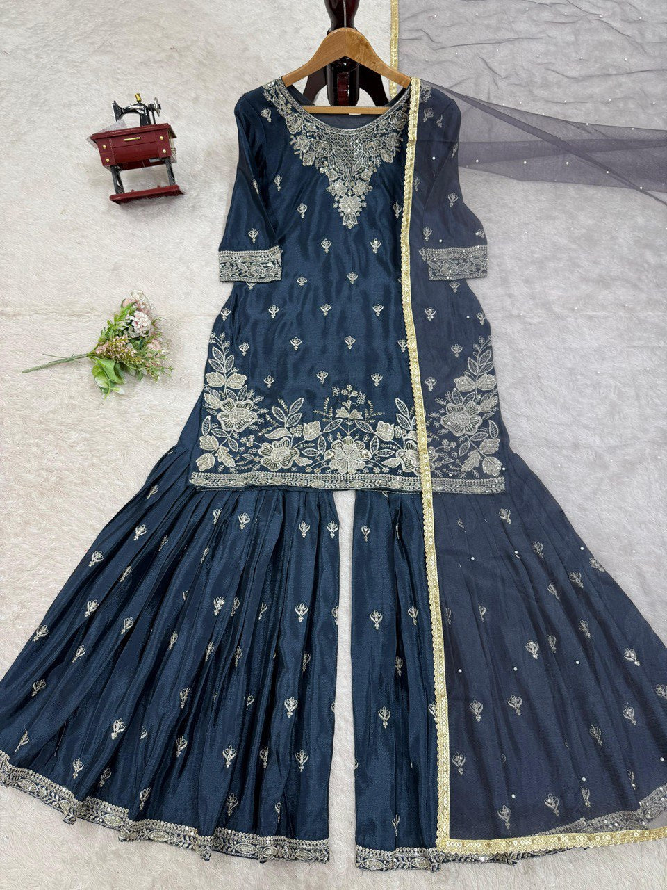 Function Wear Teal Blue Color Heavy Chinon Thread With Sequence Work Sharara Suit