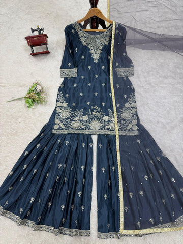 Function Wear Teal Blue Color Heavy Chinon Thread With Sequence Work Sharara Suit