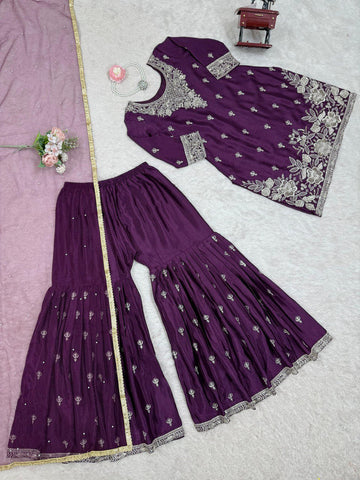 Party Wear Purple Color Heavy Chinon Thread With Sequence Work Sharara Suit