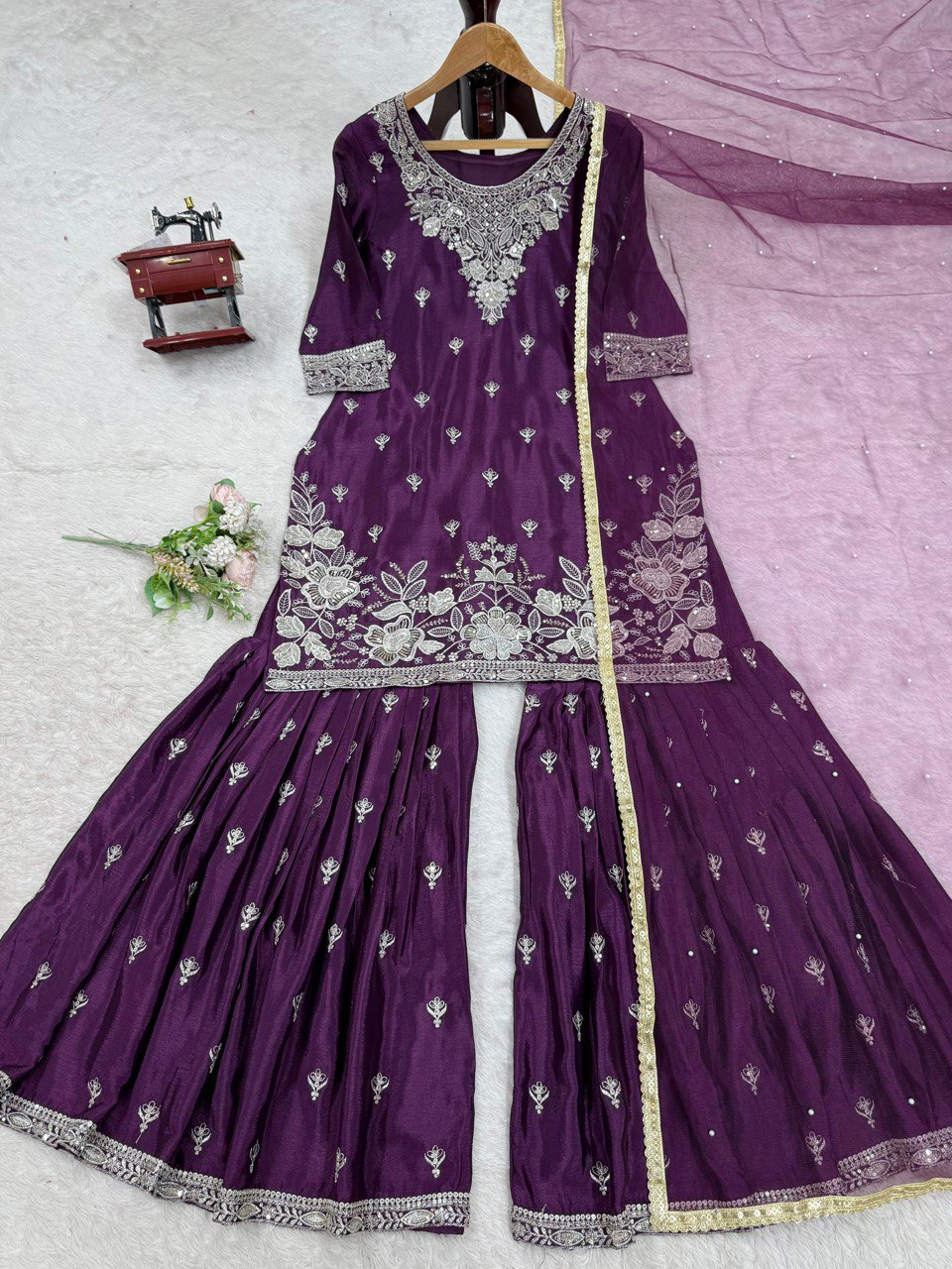 Party Wear Purple Color Heavy Chinon Thread With Sequence Work Sharara Suit