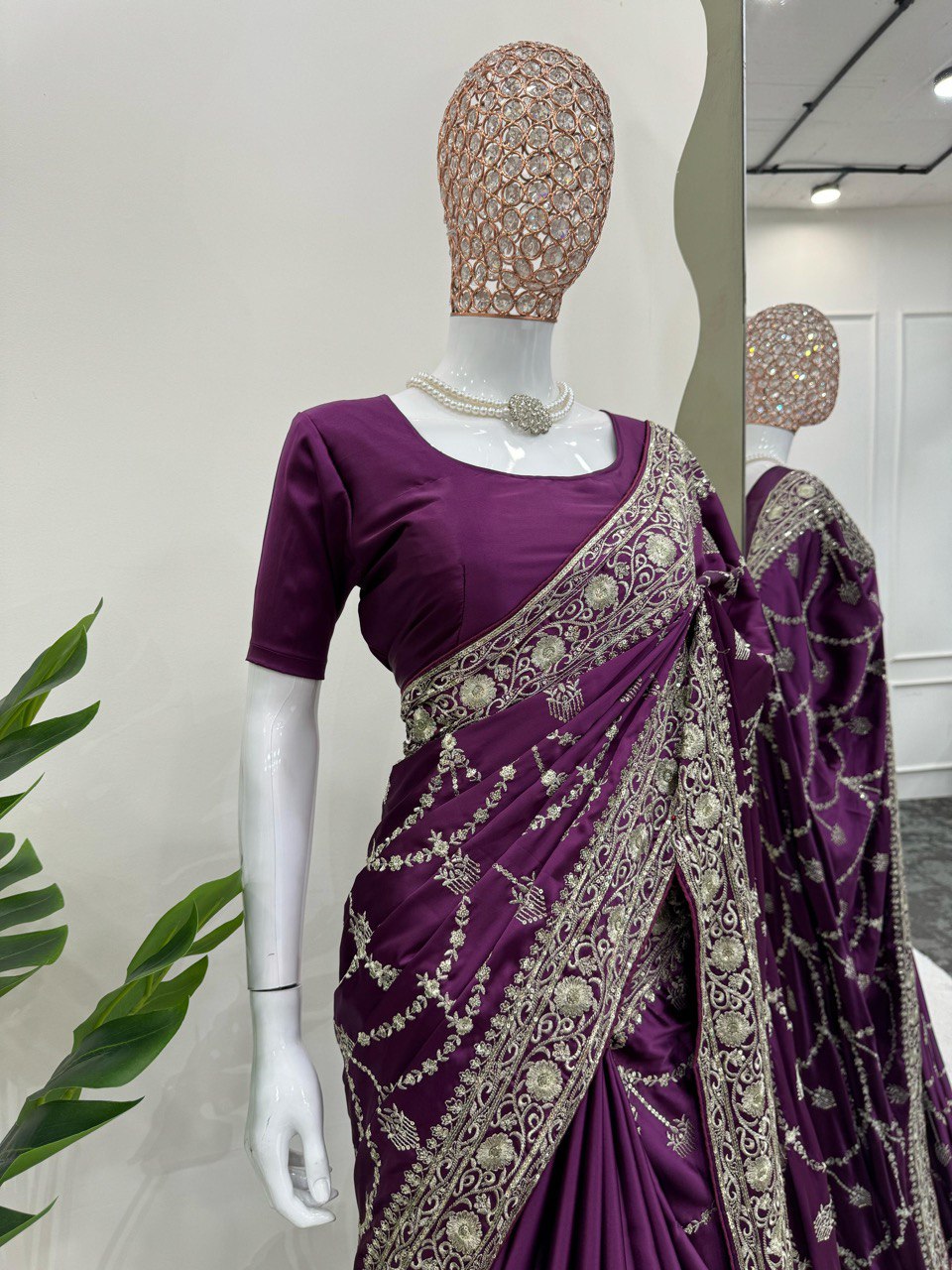 Reception Wear Purple Color Japan Satin Silk Thread With Sequence Work Saree