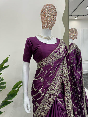 Reception Wear Purple Color Japan Satin Silk Thread With Sequence Work Saree