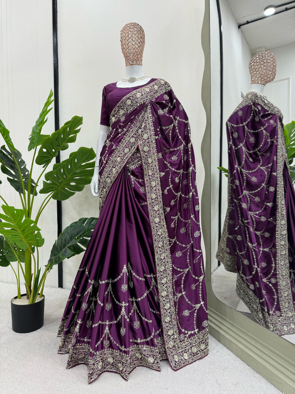 Reception Wear Purple Color Japan Satin Silk Thread With Sequence Work Saree