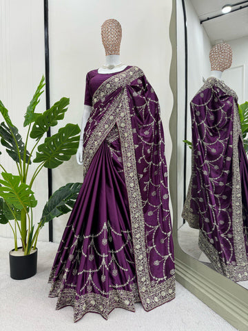 Reception Wear Purple Color Japan Satin Silk Thread With Sequence Work Saree