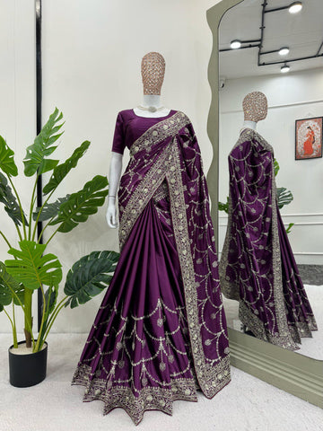 Reception Wear Purple Color Japan Satin Silk Thread With Sequence Work Saree