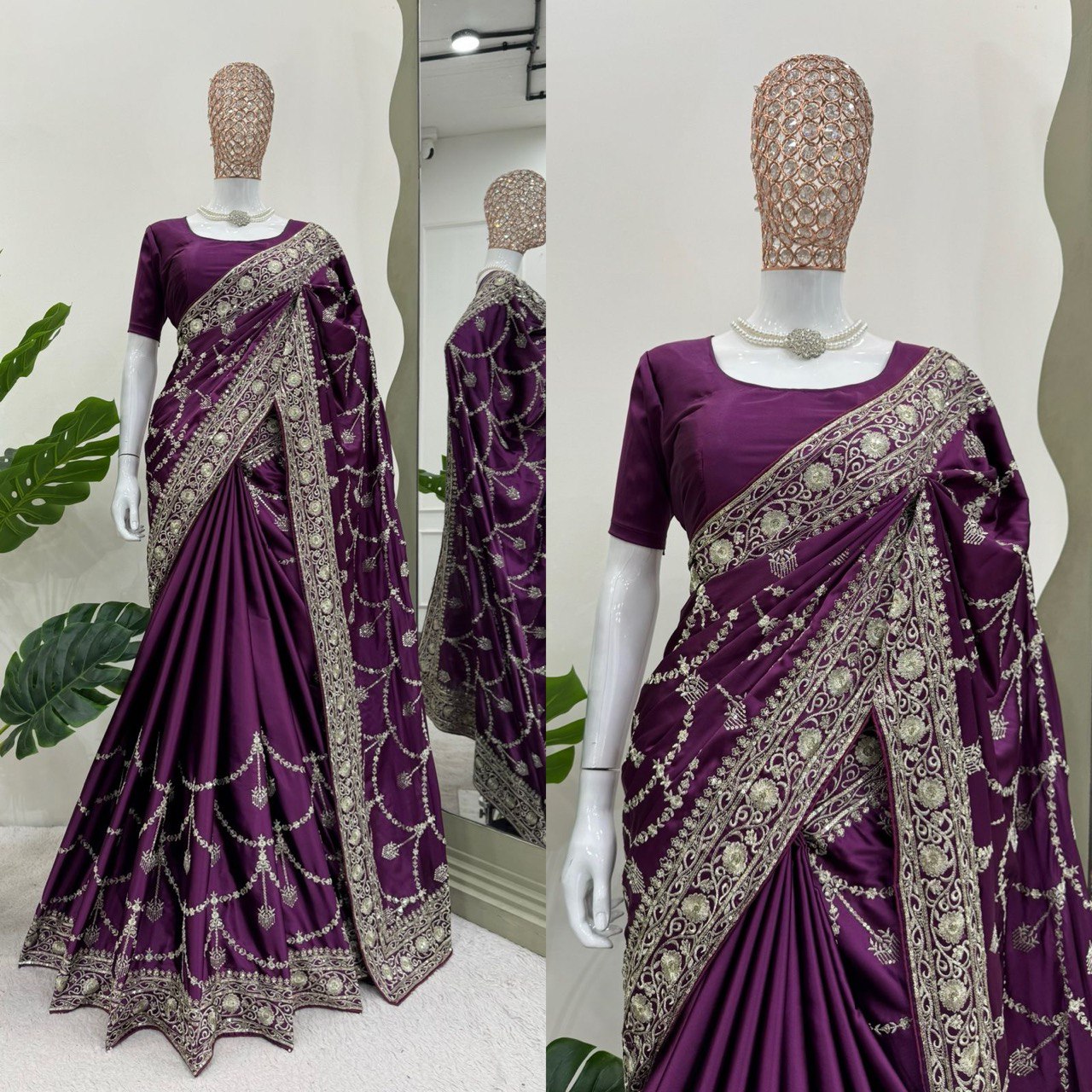 Reception Wear Purple Color Japan Satin Silk Thread With Sequence Work Saree