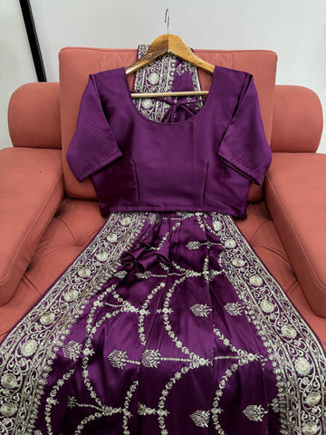 Reception Wear Purple Color Japan Satin Silk Thread With Sequence Work Saree