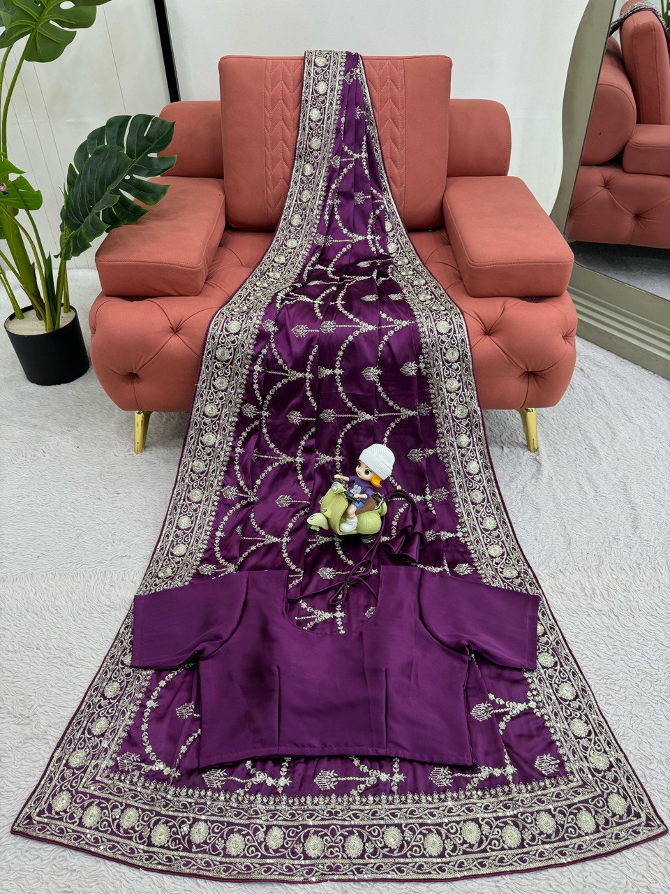 Reception Wear Purple Color Japan Satin Silk Thread With Sequence Work Saree