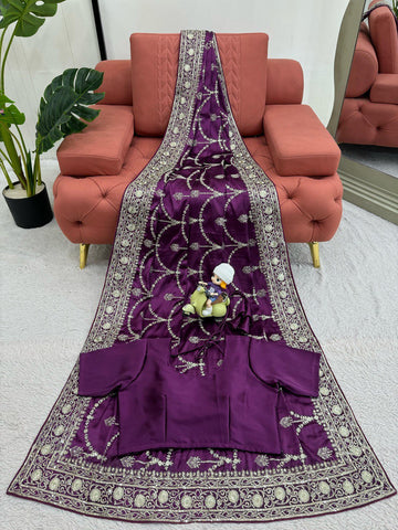 Reception Wear Purple Color Japan Satin Silk Thread With Sequence Work Saree
