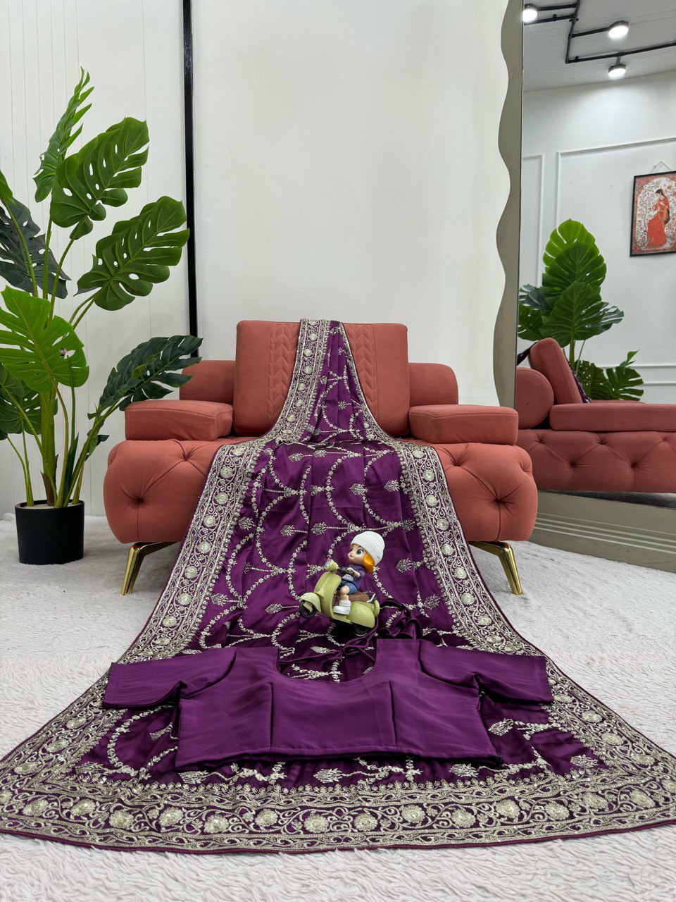Reception Wear Purple Color Japan Satin Silk Thread With Sequence Work Saree