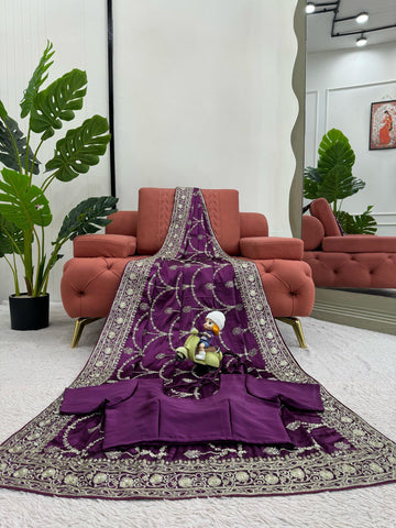 Reception Wear Purple Color Japan Satin Silk Thread With Sequence Work Saree