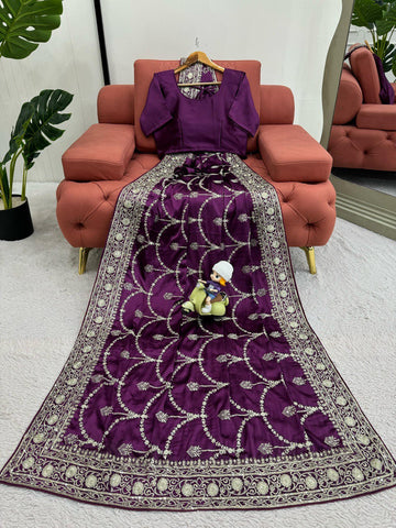 Reception Wear Purple Color Japan Satin Silk Thread With Sequence Work Saree