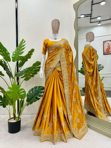 Haldi Special Yellow Color Japan Satin Silk Thread With Sequence Work Saree
