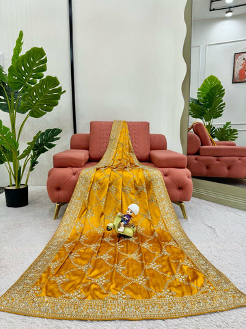 Haldi Special Yellow Color Japan Satin Silk Thread With Sequence Work Saree
