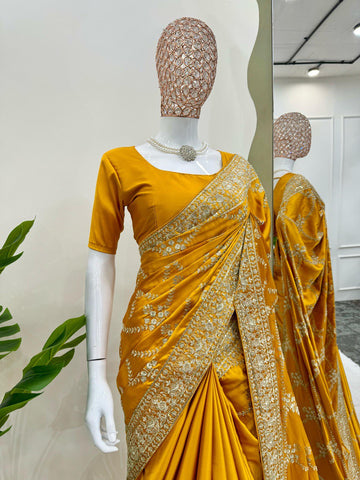 Haldi Special Yellow Color Japan Satin Silk Thread With Sequence Work Saree