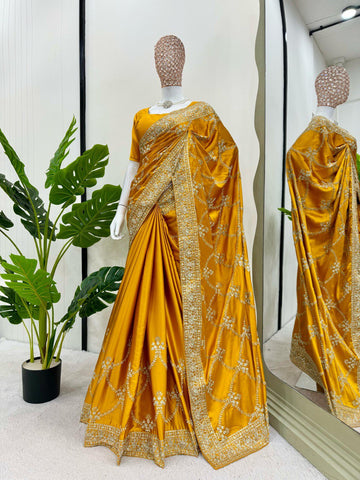 Haldi Special Yellow Color Japan Satin Silk Thread With Sequence Work Saree