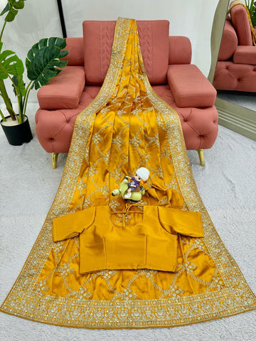 Haldi Special Yellow Color Japan Satin Silk Thread With Sequence Work Saree