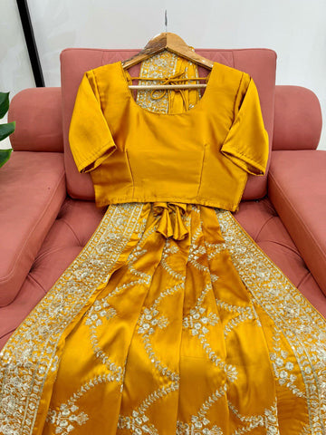 Haldi Special Yellow Color Japan Satin Silk Thread With Sequence Work Saree
