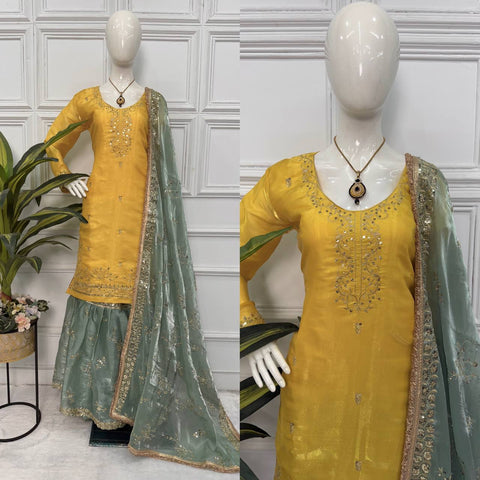 Ravishing Yellow With Green Color Festival Wear Jimmy Choo And Embroidery Work Sharara Suit