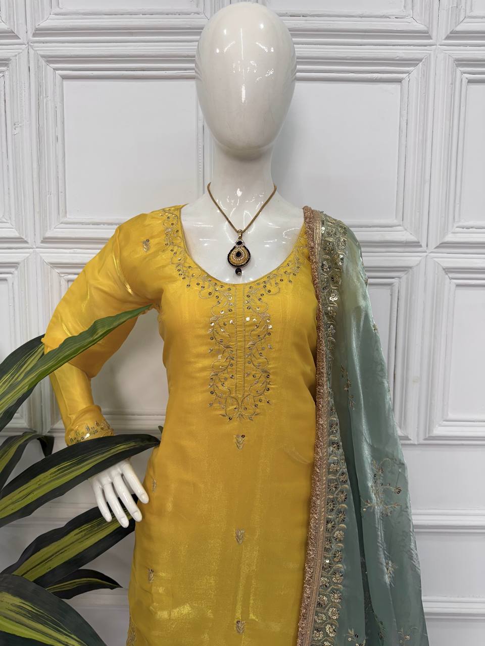 Ravishing Yellow With Green Color Festival Wear Jimmy Choo And Embroidery Work Sharara Suit