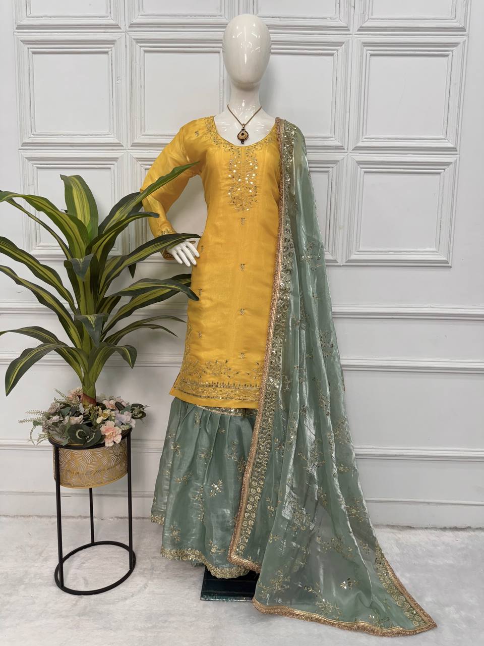 Ravishing Yellow With Green Color Festival Wear Jimmy Choo And Embroidery Work Sharara Suit