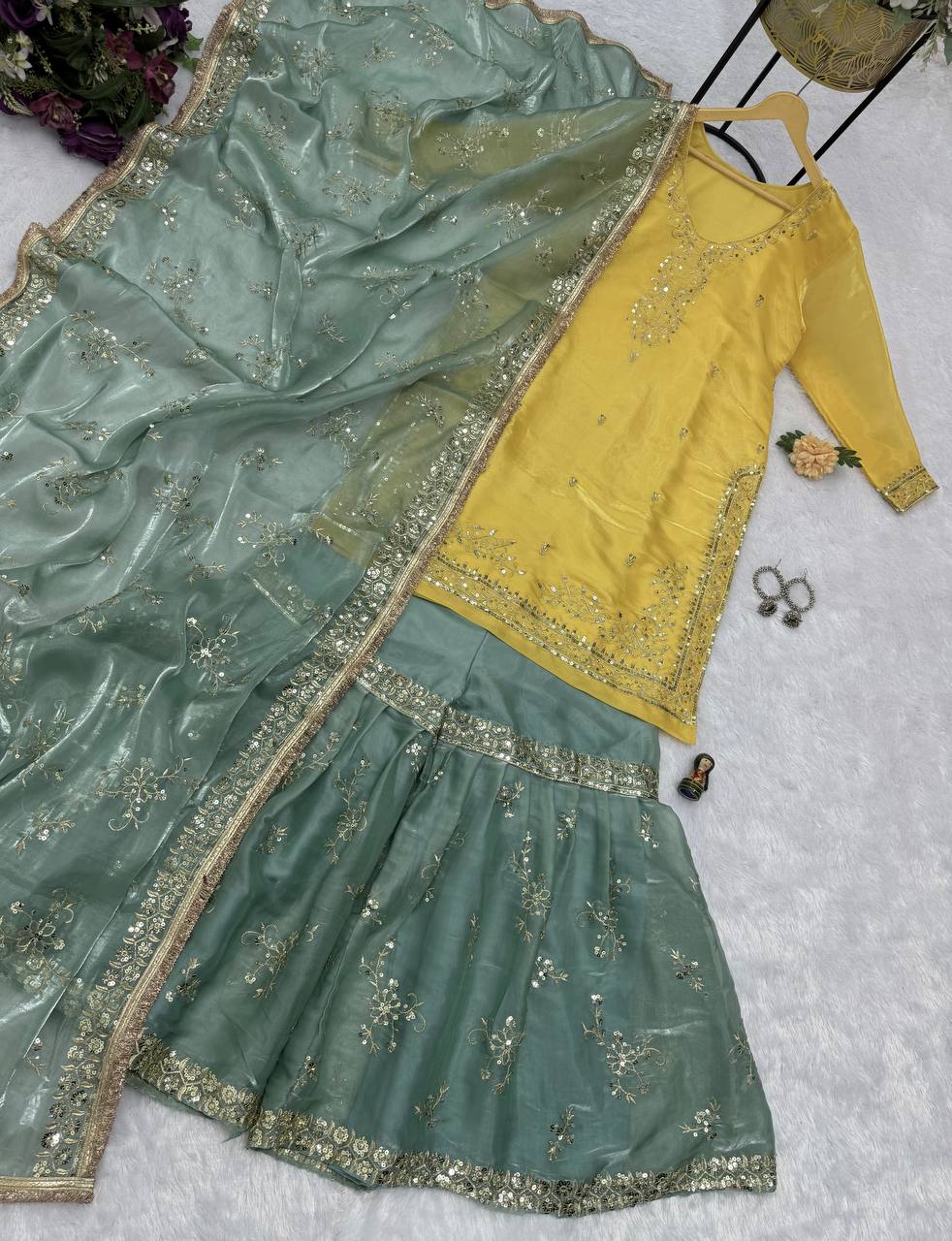 Ravishing Yellow With Green Color Festival Wear Jimmy Choo And Embroidery Work Sharara Suit