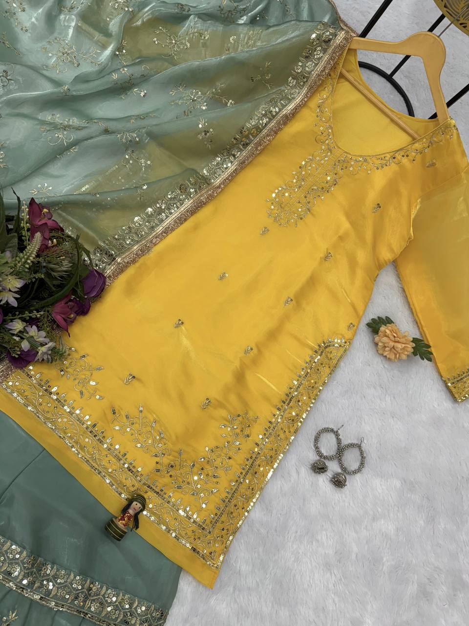 Ravishing Yellow With Green Color Festival Wear Jimmy Choo And Embroidery Work Sharara Suit