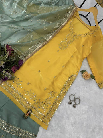 Ravishing Yellow With Green Color Festival Wear Jimmy Choo And Embroidery Work Sharara Suit