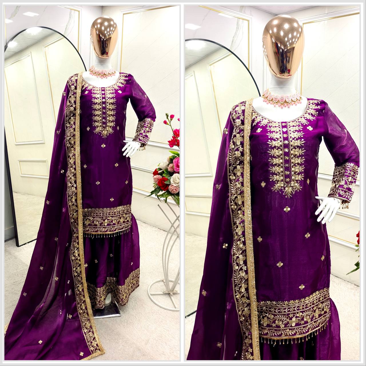 Party Wear Purple Color Pure Zimmy Chu Silk With Heavy Embroidery Sequence Work Sharara Suit