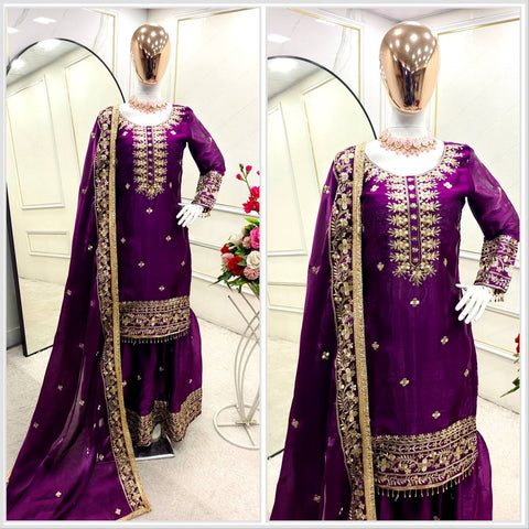 Party Wear Purple Color Pure Zimmy Chu Silk With Heavy Embroidery Sequence Work Sharara Suit