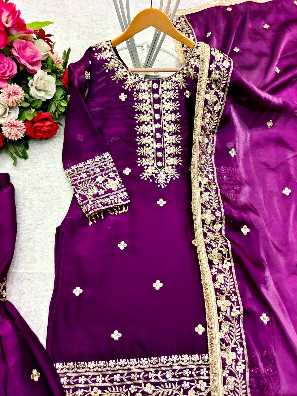 Party Wear Purple Color Pure Zimmy Chu Silk With Heavy Embroidery Sequence Work Sharara Suit