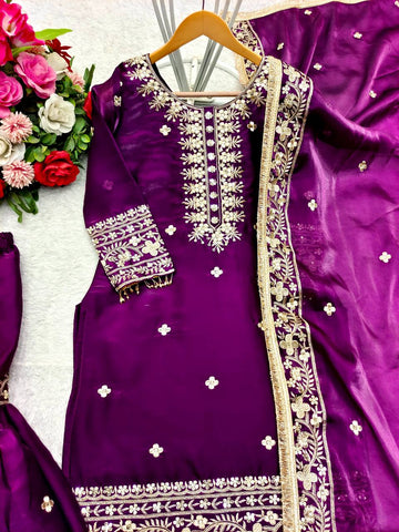 Party Wear Purple Color Pure Zimmy Chu Silk With Heavy Embroidery Sequence Work Sharara Suit