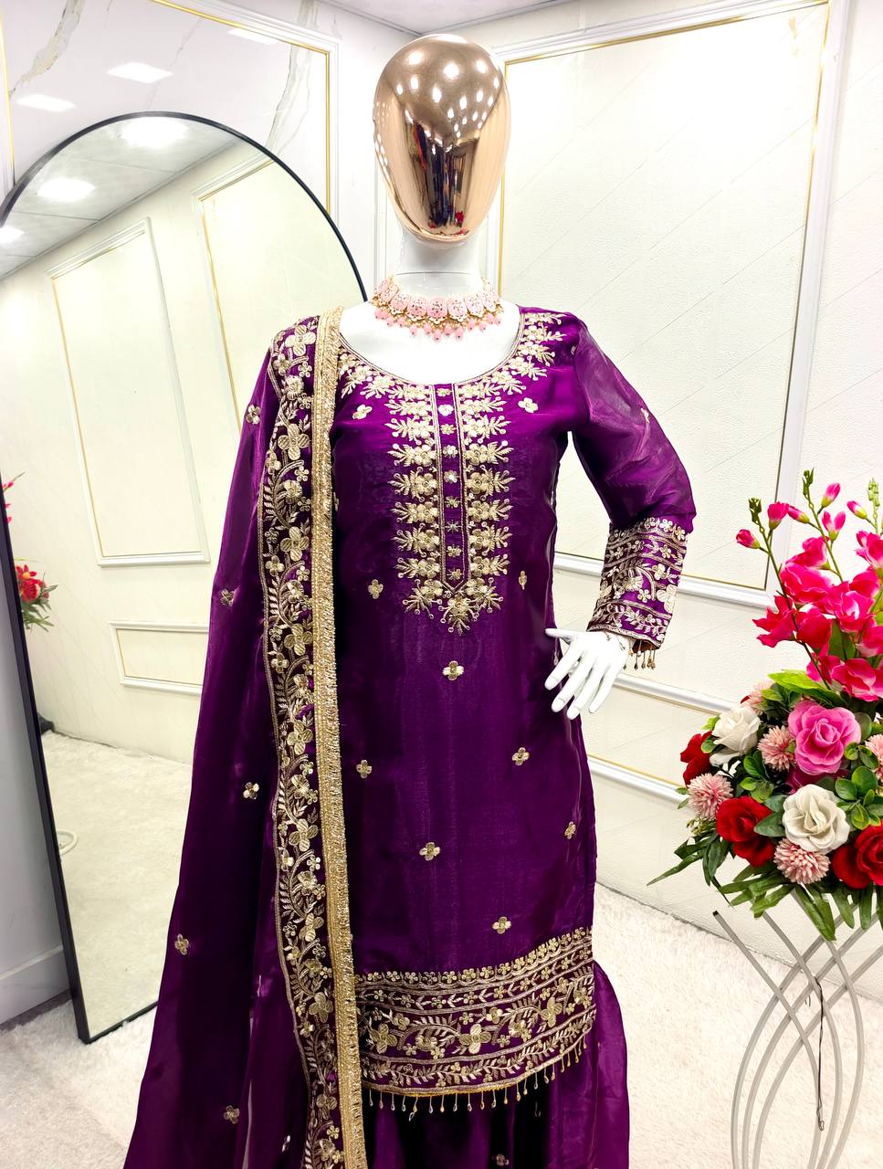 Party Wear Purple Color Pure Zimmy Chu Silk With Heavy Embroidery Sequence Work Sharara Suit